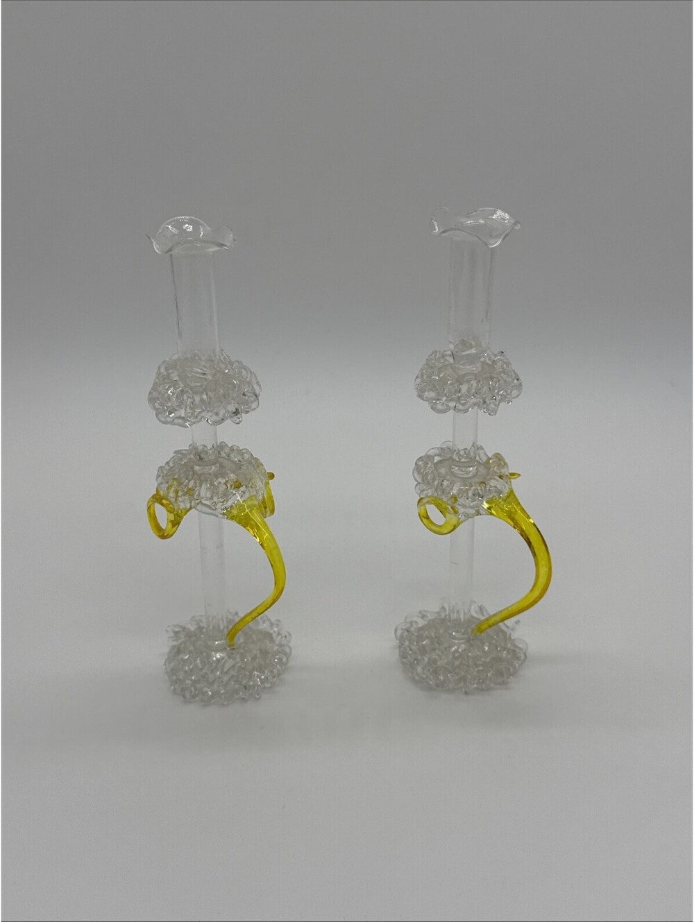 6” Vintage Murano Style Hand Blown Glass Candlestick Holders Yellow Rigaree Pair